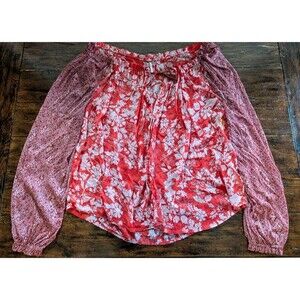 Free People Blouse Womens M Red Hendrix In A Haze Floral Boho Oversized Sheer